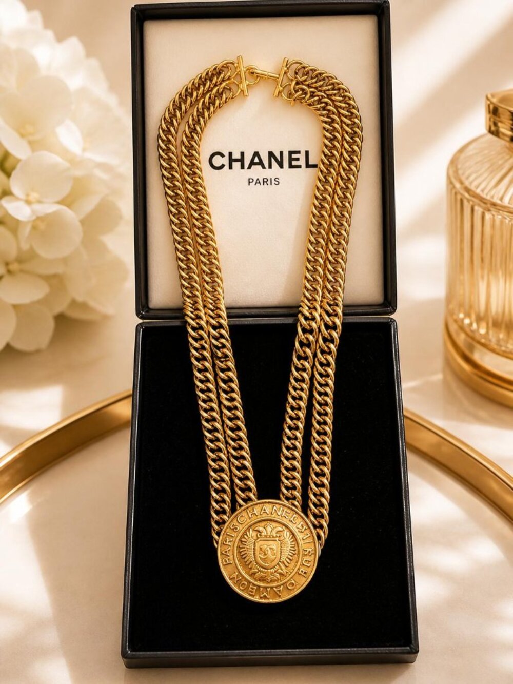 Authentic Chanel Vintage Gold Chain Medallion Necklace CC Logo Coin Pendant
